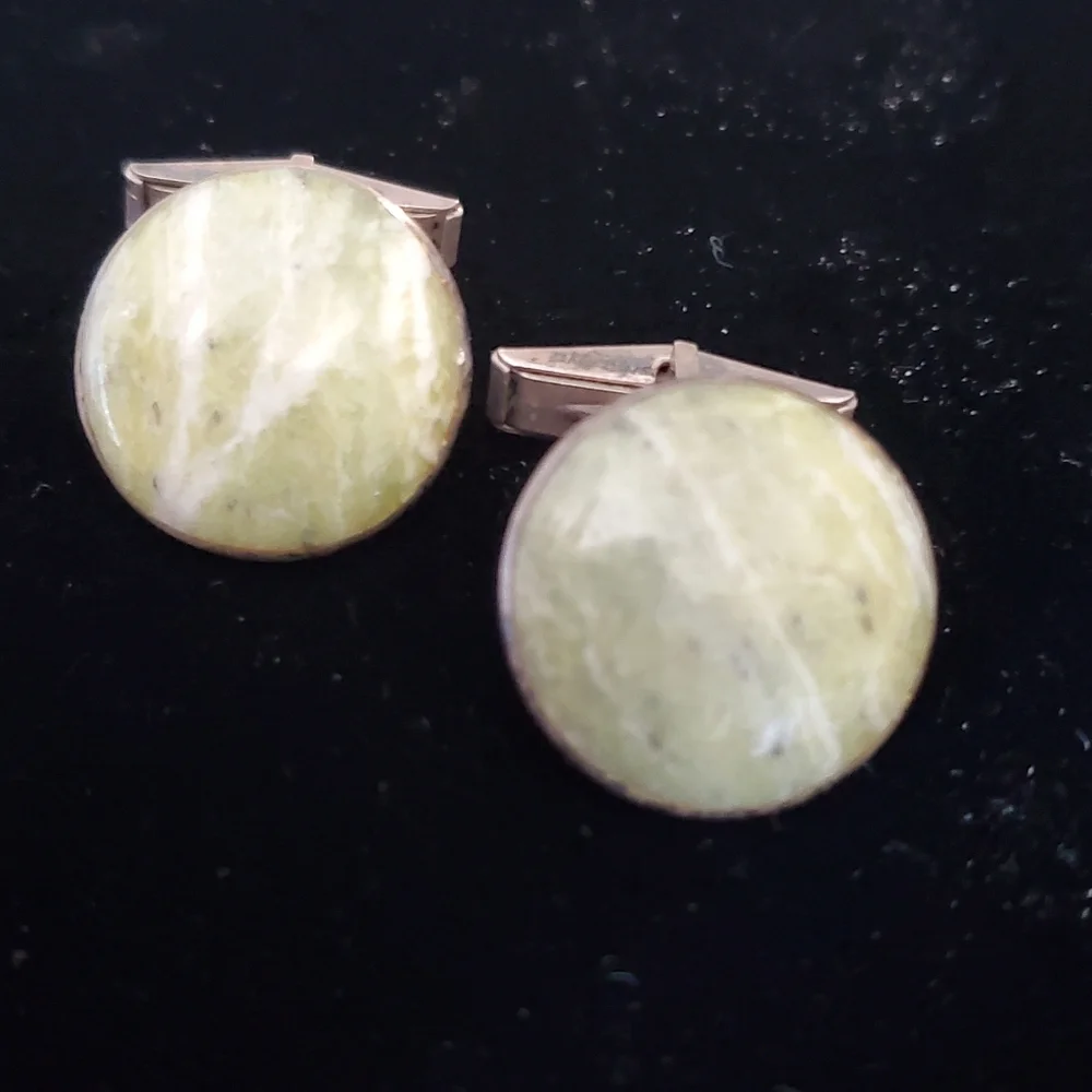 Vintage Sterling Green Banded Agate Marble Cufflinks Mid-century